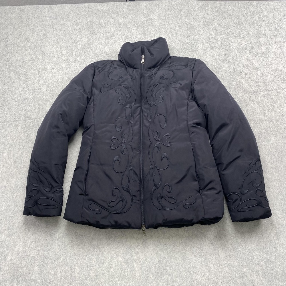 Guess Puffer Jacket Womens Small Black Embroidered Down Full Zip T720652